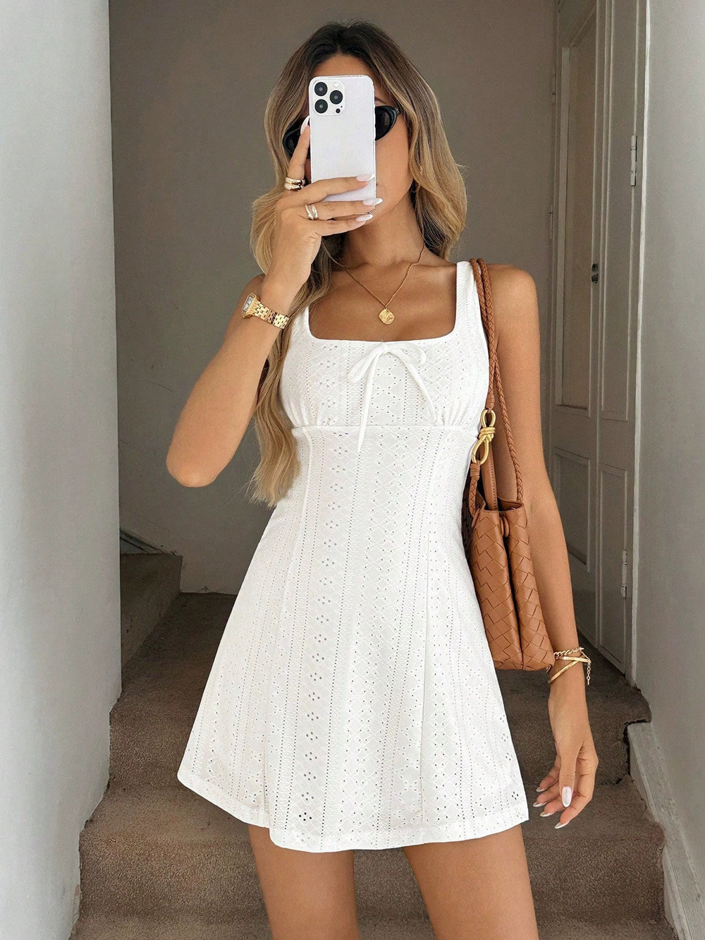 ZARA Korean Style White Crochet Square Collar Bow Sleeveless Slimming Dress